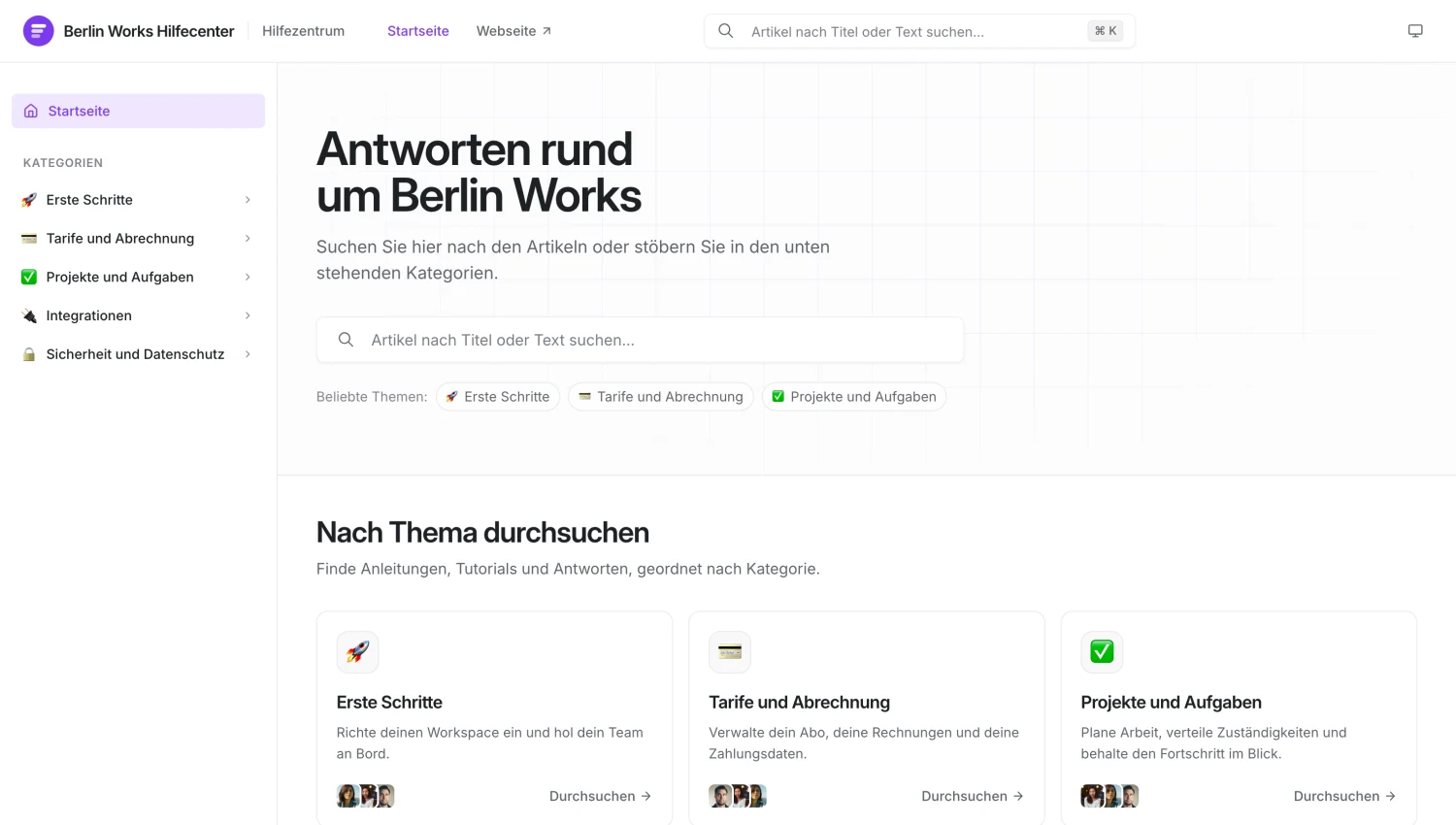 Ein öffentliches Help Center, erstellt mit Chatwoot, mit Suchleiste, beliebten Themen und Artikelkategorien.